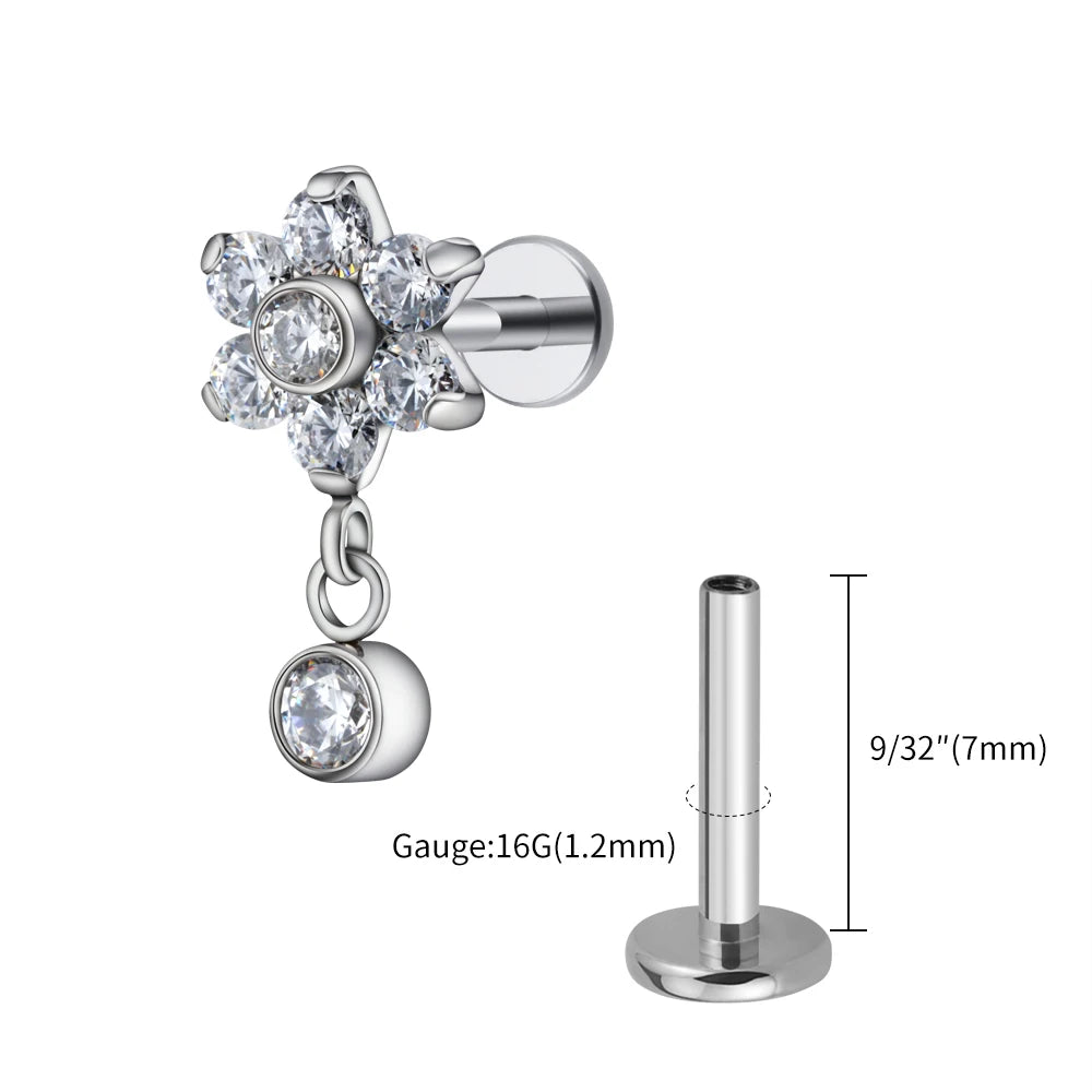 16G Titanium Flower CZ Drop Labret – Dangle Flat Back Piercing Earring