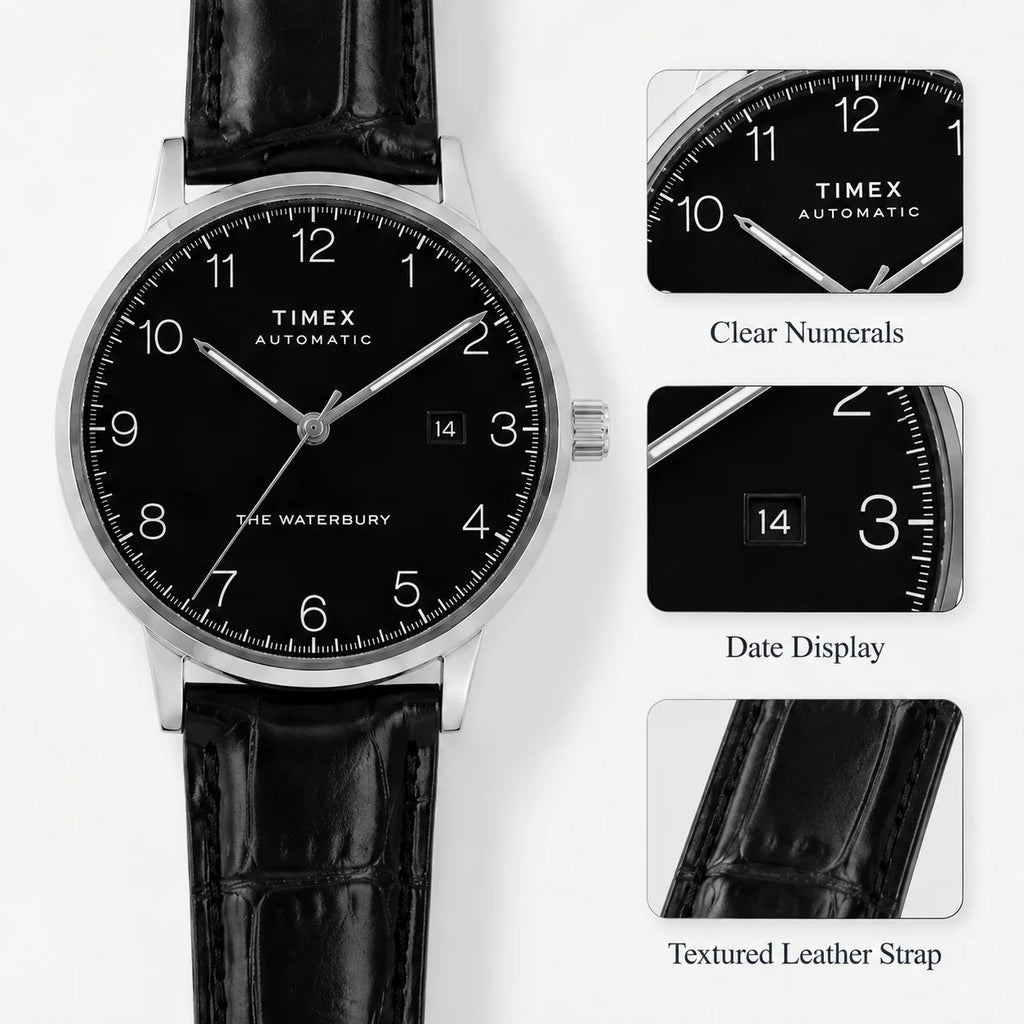 Timex Retro Business Men's Automatic Mechanical Watch, with a Transparent Back Cover and Leather Strap for the Wrist.