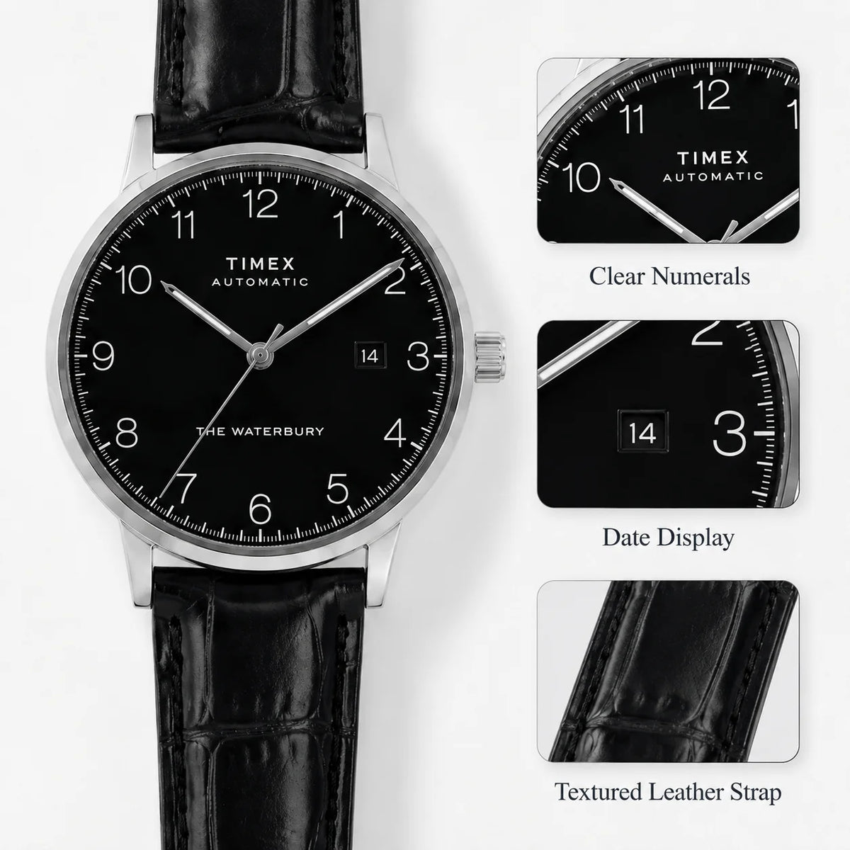 Timex Retro Business Men's Automatic Mechanical Watch, with a Transparent Back Cover and Leather Strap for the Wrist.