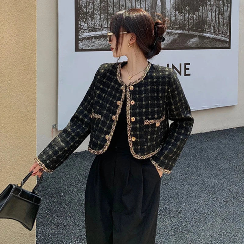 Korea New Arrive Elegant Retro Plaid Short Woolen Jackets Women Autumn Ladies Long Sleeve Metal Single Breasted Tweed Coat