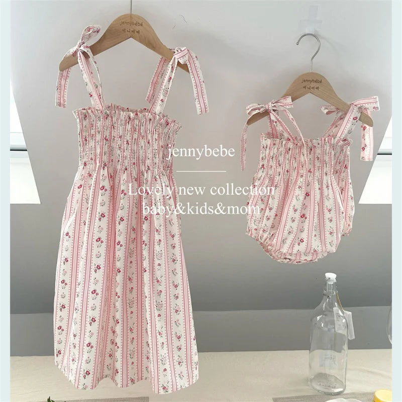 Sweet Little Girls Strap Romper Summer Cozy Cotton Floral Stripe Bowknot Jumpsuit for Toddler Girls Clothing Children Outfits