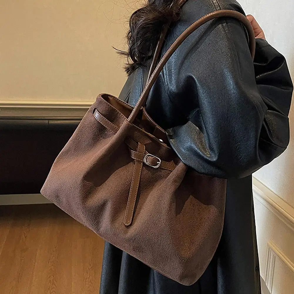 Women's Vintage Suede Tote Bag – Large-Capacity Slouchy Shoulder Handbag with Buckle Strap