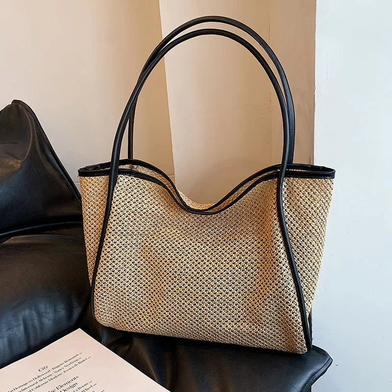 Women Summer Straw Woven Tote Bag with Small Pouch PU Trim Large Capacity Shoulder Handbags, Casual Beach Shopping Handbag Purse