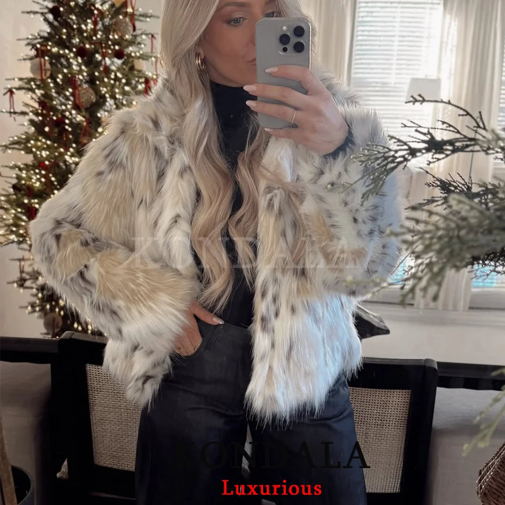 KONDALA Casual Leopard Faux Fur Jackets Women Long Sleeve Buttons Loose Jackets Fashion 2025 Autumn Winter Thick Warm Outwears