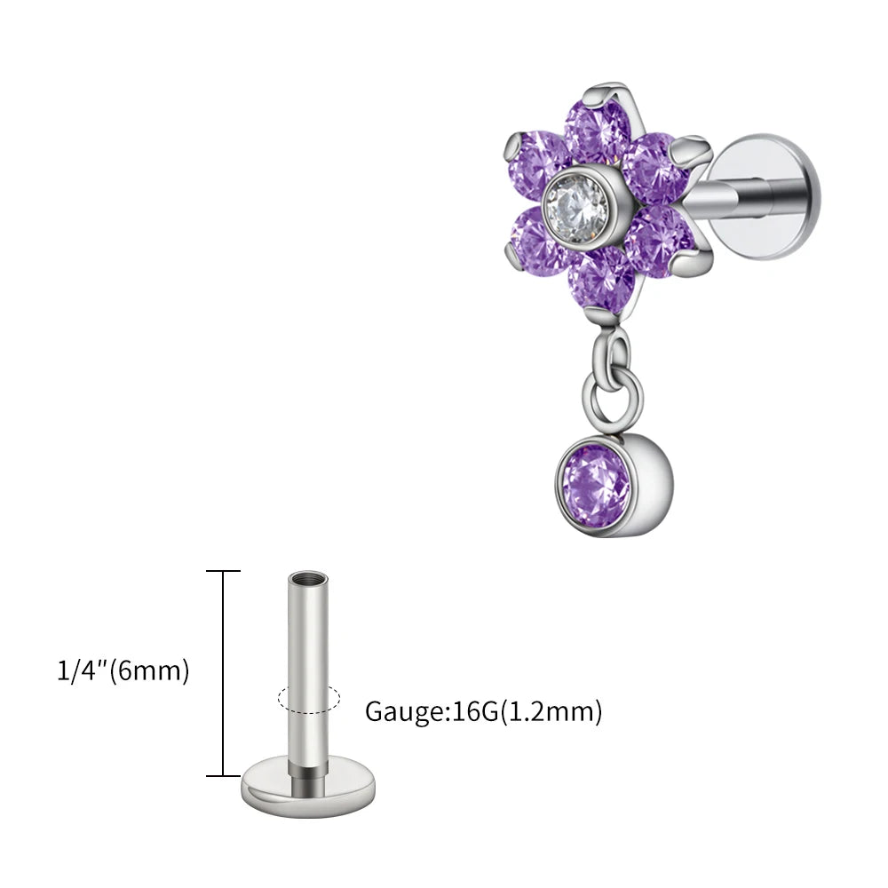 16G Titanium Flower CZ Drop Labret – Dangle Flat Back Piercing Earring