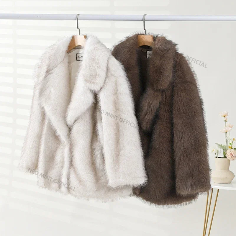 Neo Mint  Winter Ins Hot Fashion Girls Oversized Gradient Fur Coat Women Thick Warm Outerwear Fluffy Faux Fox Fur Jacket