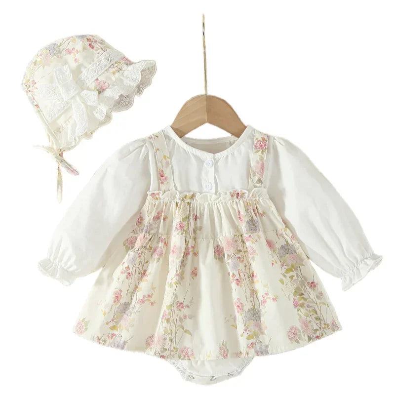 Spring Toddler Romper Clothing 0-2Y New Baby Girls Bodysuit Floral Long Sleeve Dress with Lace Hat Sibling Matching Outfits