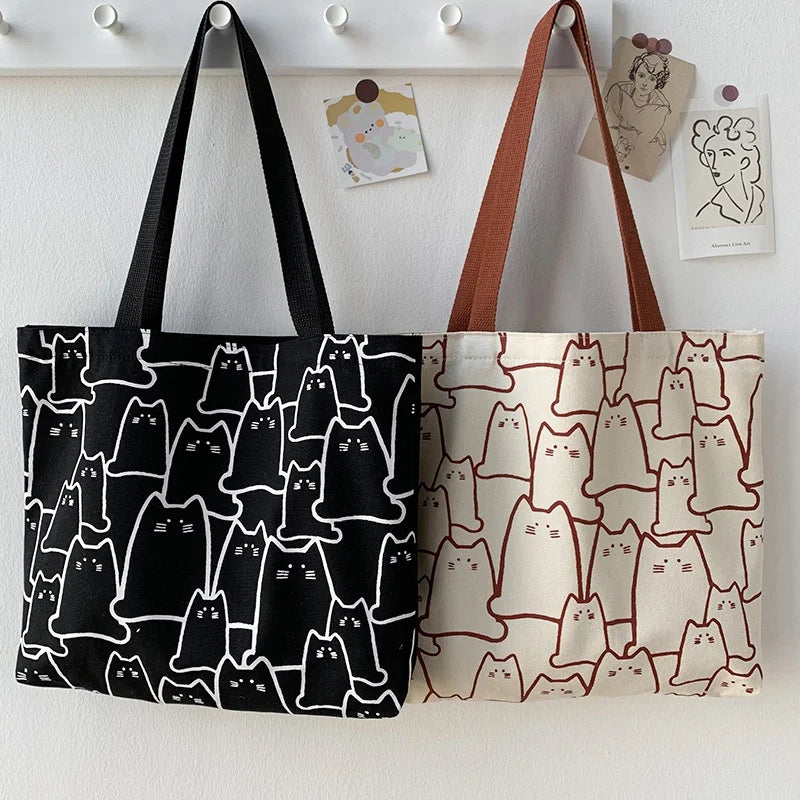 Women's Canvas Cat Tote Bag – Cute Japanese-Style Shoulder Bag with Zipper