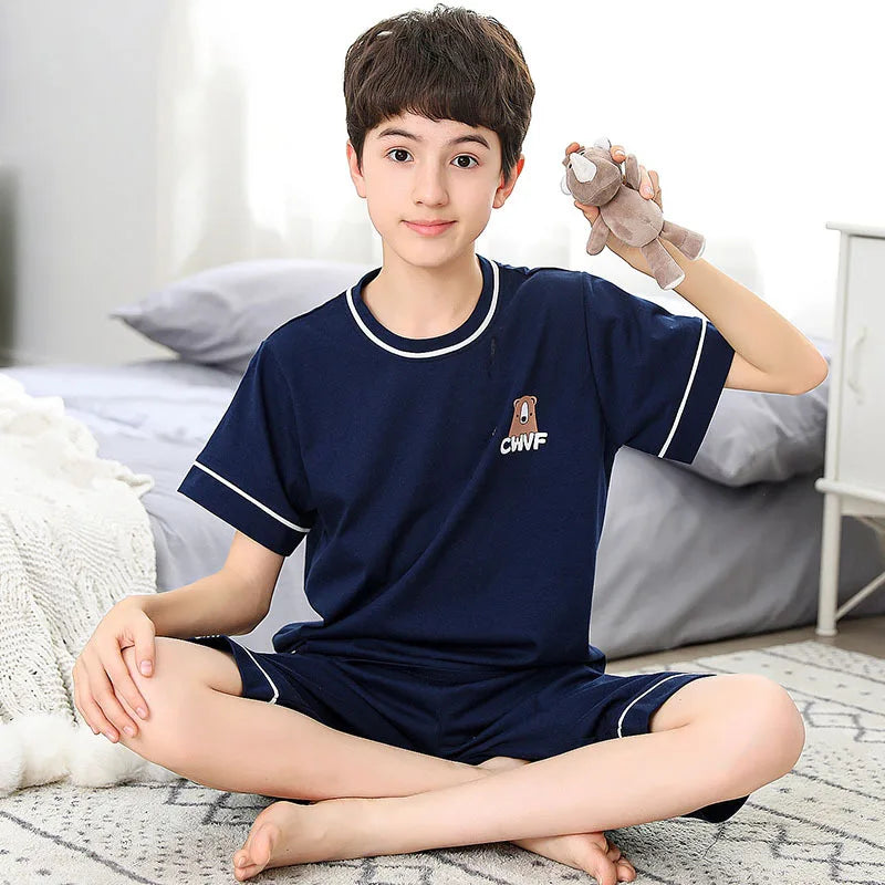 Teenage Boys Girls Pajamas Summer Short Sleeved Children's Clothing Sleepwear Cotton Pyjamas Sets For Kids 8 10 12 14 16 Years