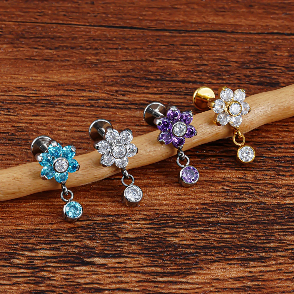 16G Titanium Flower CZ Drop Labret – Dangle Flat Back Piercing Earring