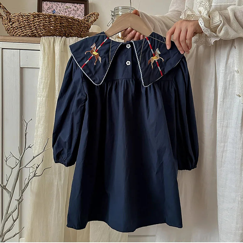 2025 Autumn Carousel Embroidery Lapel Long Sleeved Girls' Dress Clothing Spring Campus Navy Style Children's Pure Cotton Dress