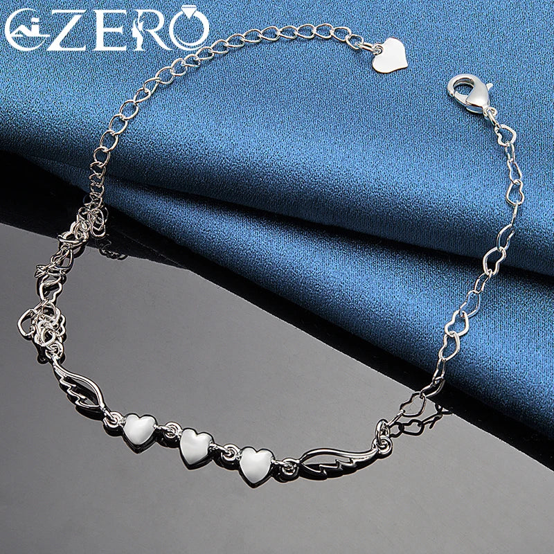 925 Sterling Silver Angel Wings & Three Hearts Bracelet – 18K Gold-Tone Jewelry