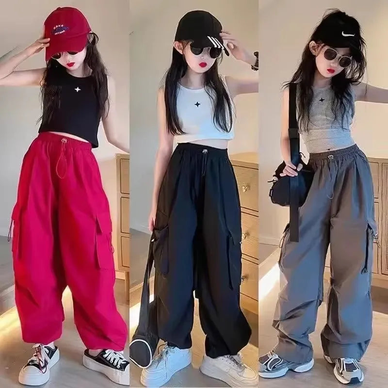 Girls Cargo Pants 5-14 Years Spring Fashion Children Loose Trousers Autumn Kids New Style Wide-leg Pants Girl Casual Clothing