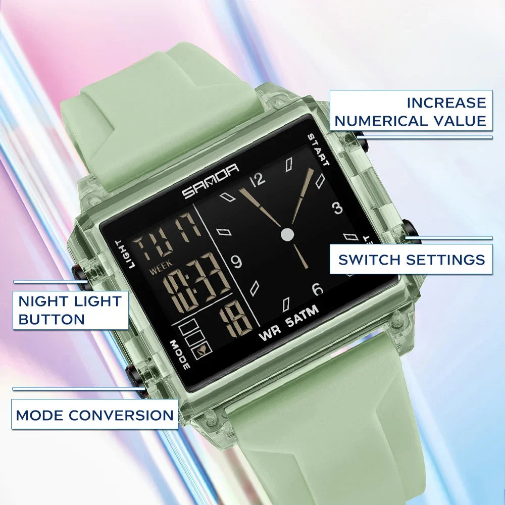 SANDA Fashion Electron Analog Watch for Men Women Waterproof Square Dial Count Down Timer Digital Wristwatch Man World Time