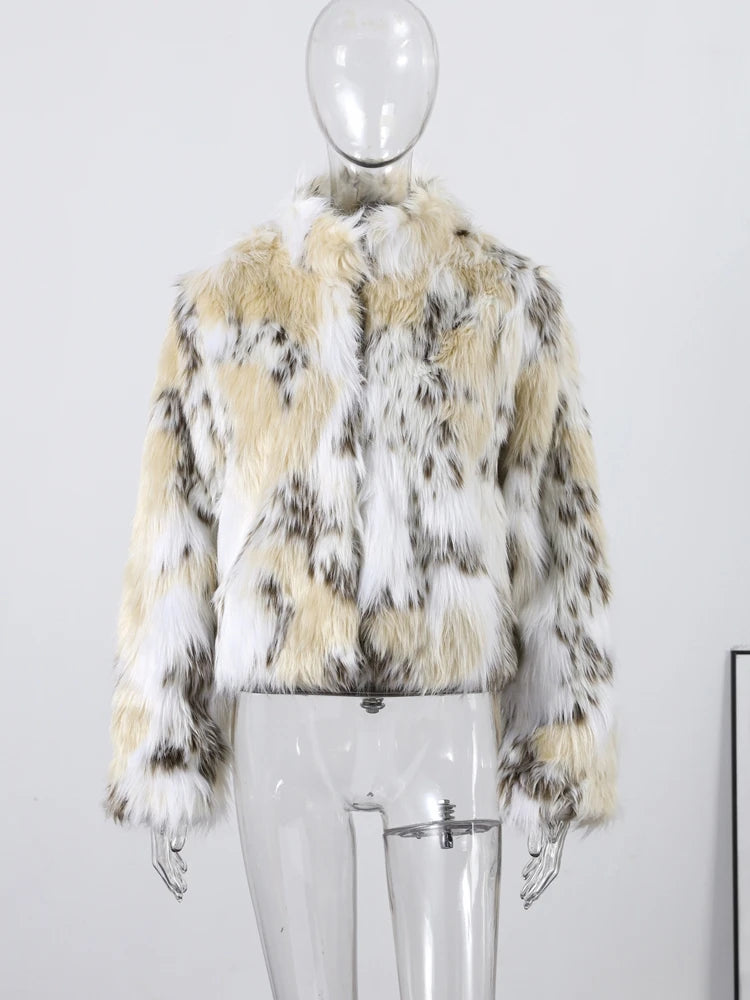 Winter Animal Print Fluffy Faux Fur Coats For Women Chic Thick Warmth Stand Collar Jacket Street Lady Long Sleeve Outerwear