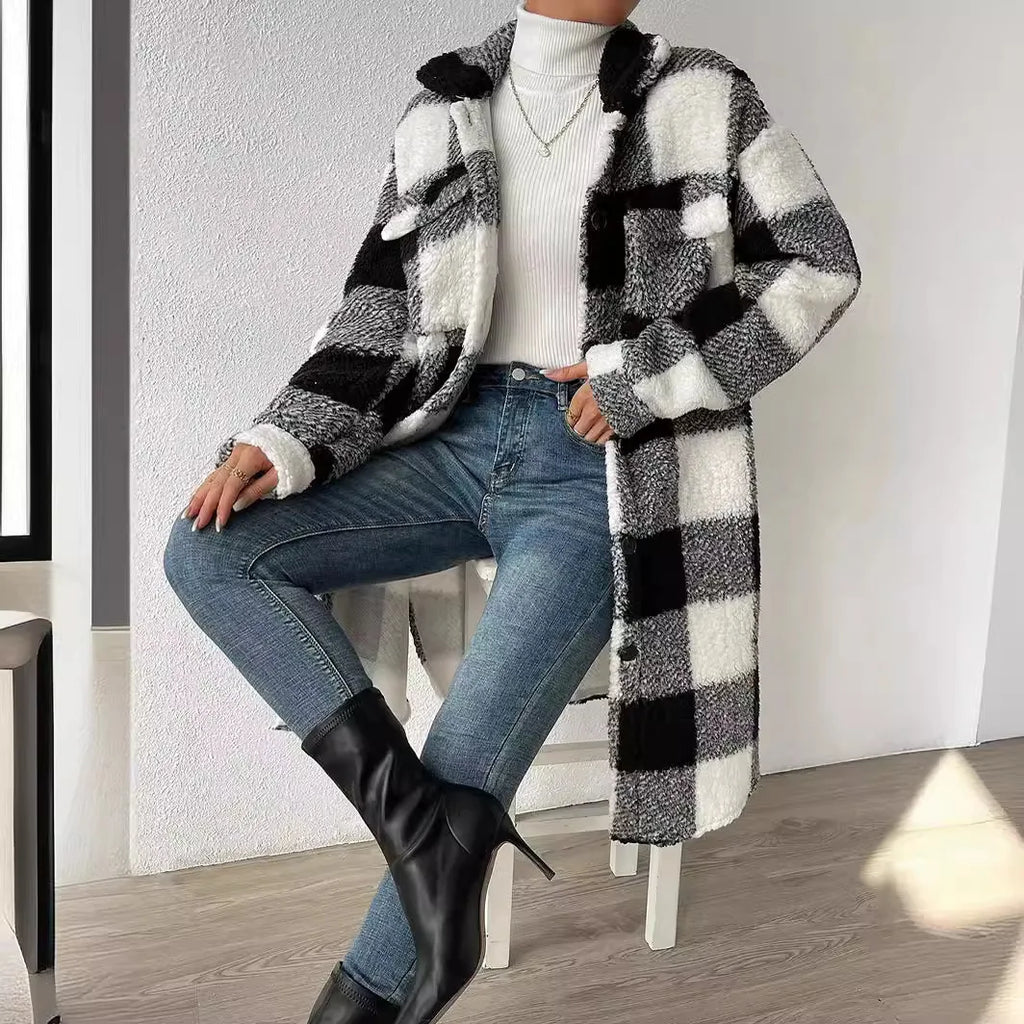 Women’s Long Plaid Fleece Coat – Button-Front Oversized Jacket with Pockets