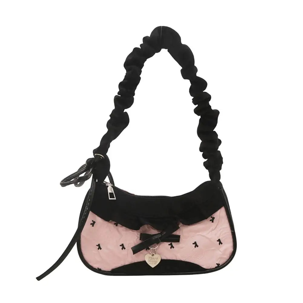 Women's Grid Shoulder Bag – Stretchable Strap Handbag with Lace Ribbon Detail