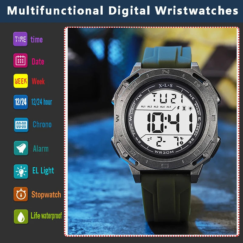 Electronic Sports Watch for Men Children Teen Luminous Waterproof Digital Wristwatch Stopwatch Date Alarm Clock Silicone Strap