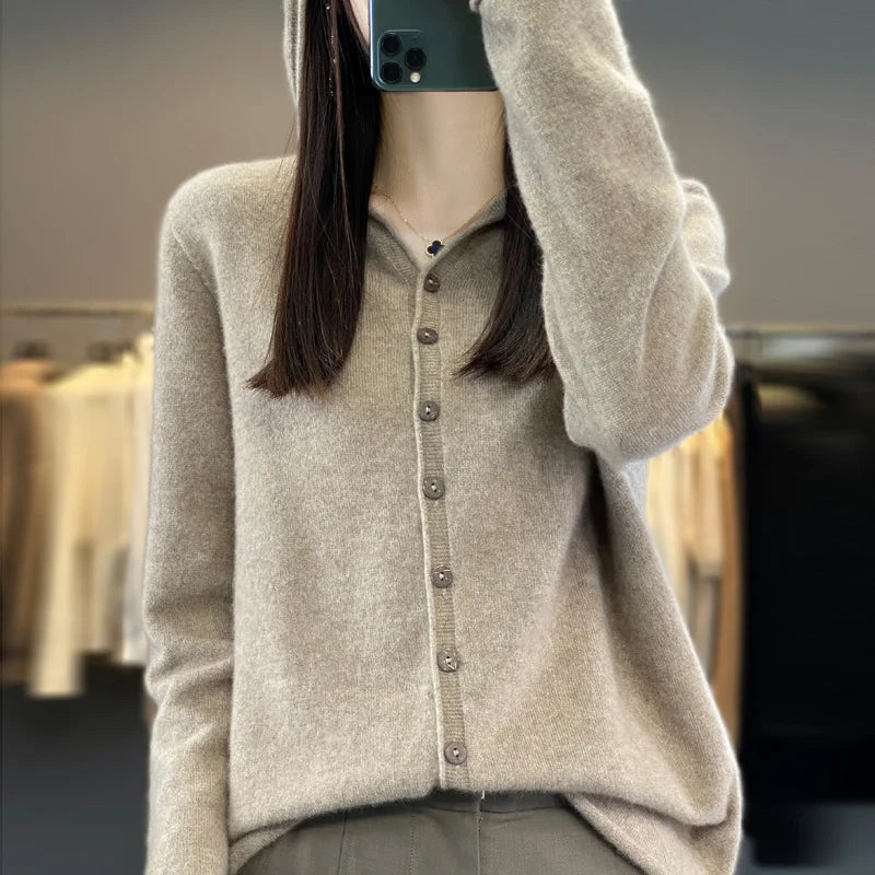 Hooded Cashmere Cardigan 100% Merino Wool Women's Hooded Sweater Cardigan Solid Color Warm Loose Knit Top