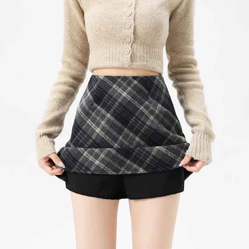 Women’s Plaid A-Line Mini Skirt – High-Waisted Wool-Look College Skirt