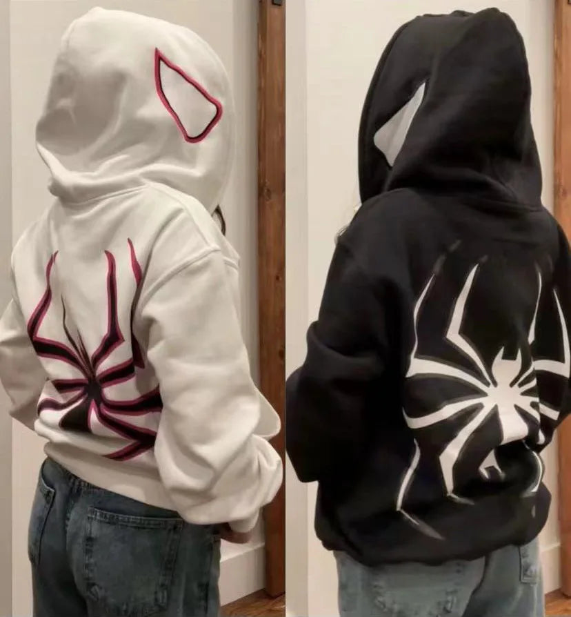 Unisex Spider Graphic Zip-Up Hoodie – Oversized Gothic Y2K Streetwear Jacket