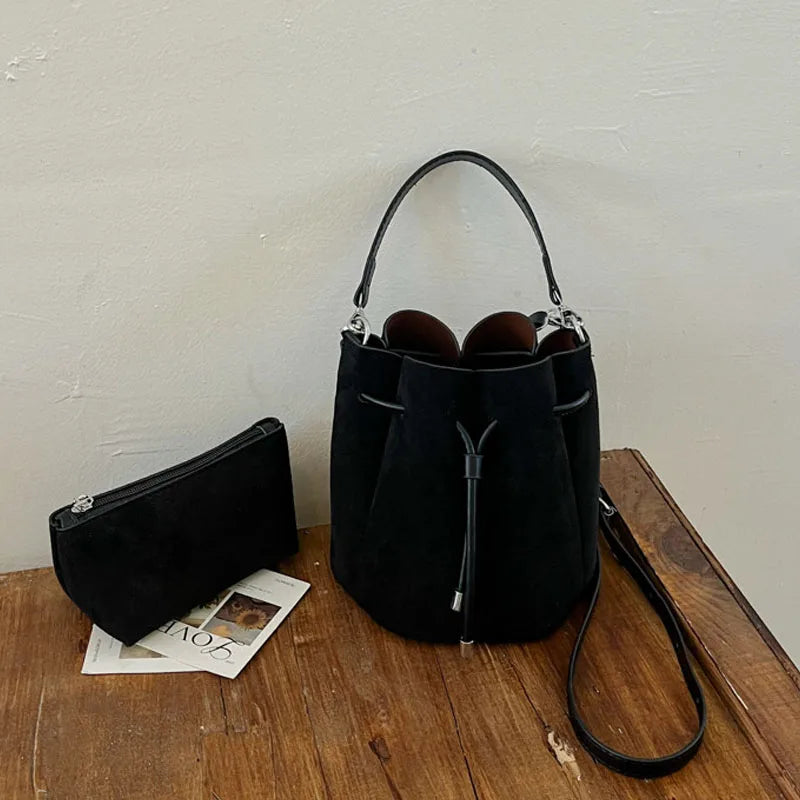 Faux Suede Flower Petal Bucket Bag for Women New Autumn Vintage Maillard Party Handbags Commuter Shoulder Crossbody Bags