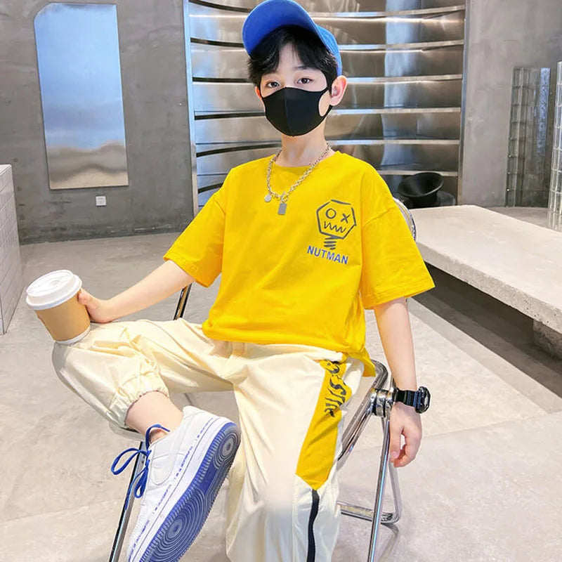 Summer Teens Boys Clothing Set Cotton Letter Short Sleeve T-shirt Pants 2Pc For 4-12Years Kids Clothes Suit Child Casual Outfits