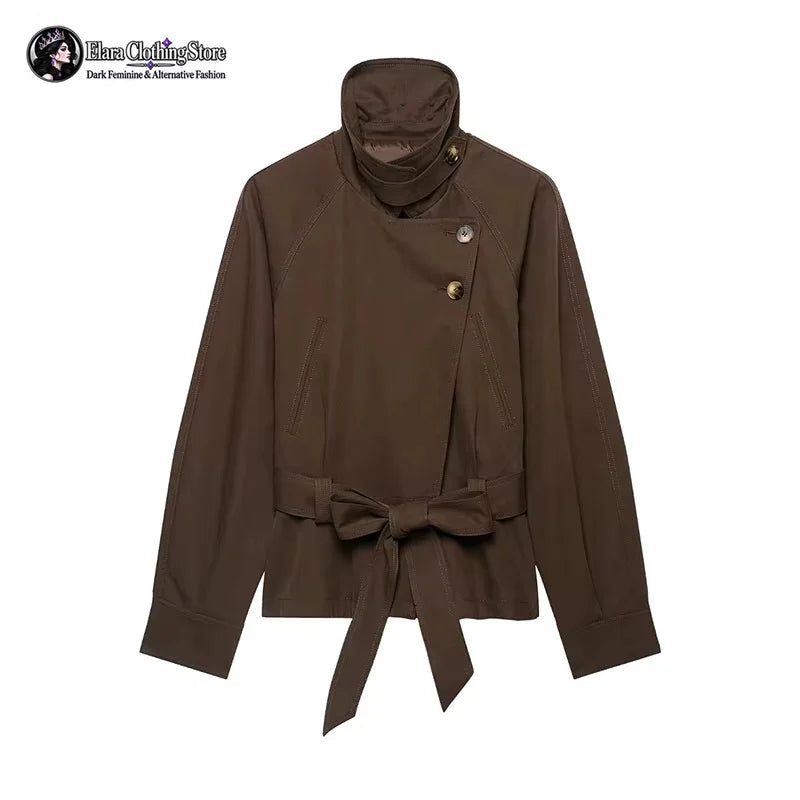 Elara 2026 New Y2k Style Fashionable Stand Up Collar Slanted Button Women's Jacket Long Sleeved Waist Cinched Top with Tie Up