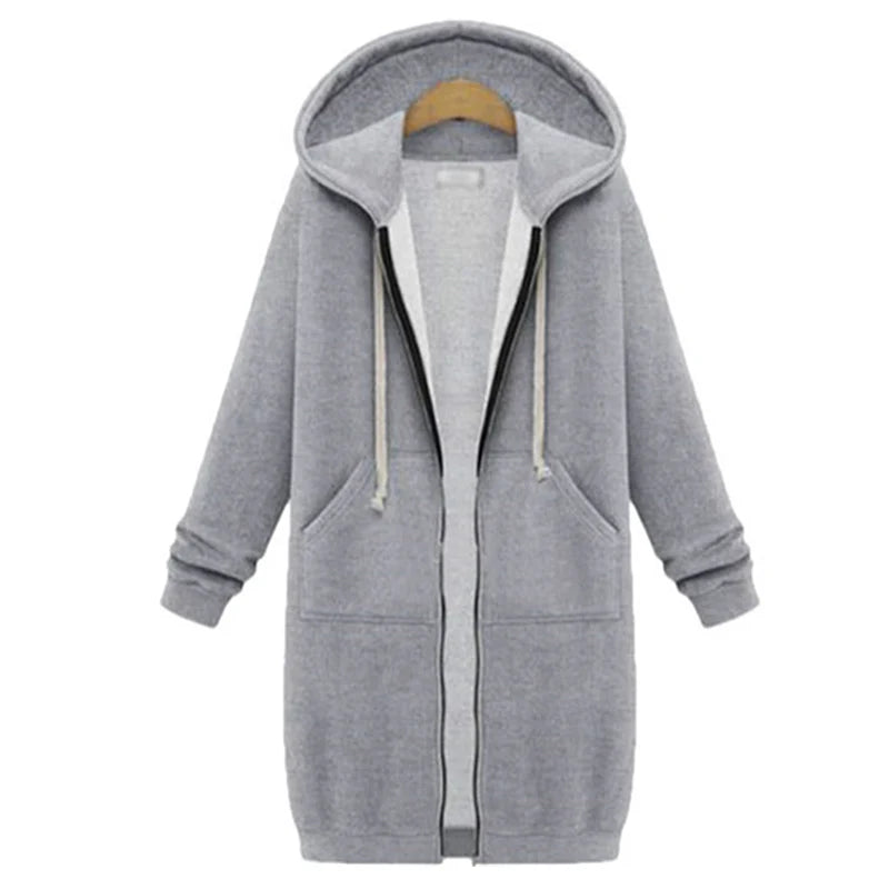 Women’s Long Hooded Sweatshirt Jacket – Loose-Fit Zip-Up Coat with Pockets