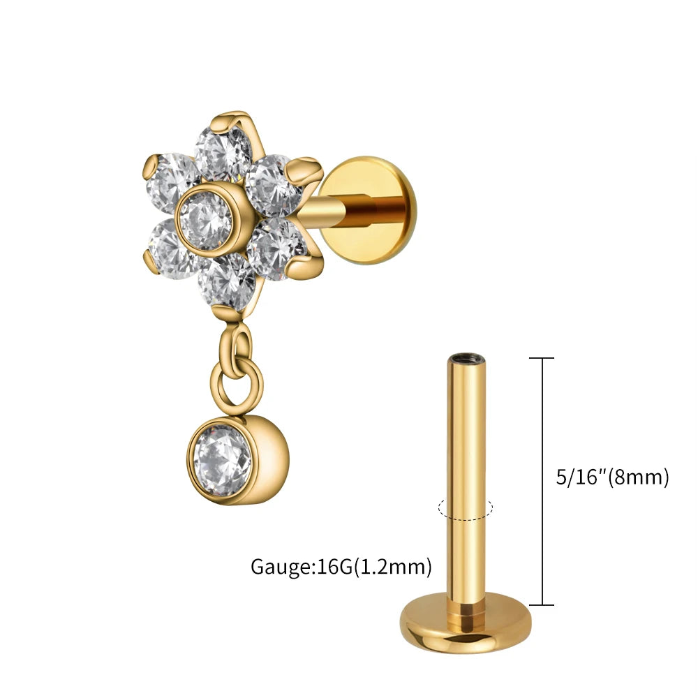 16G Titanium Flower CZ Drop Labret – Dangle Flat Back Piercing Earring