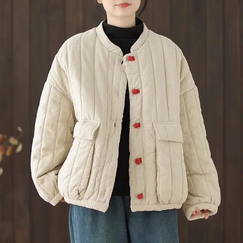 Women’s Cotton-Linen Quilted Jacket – Short Retro Chinese-Style Coat