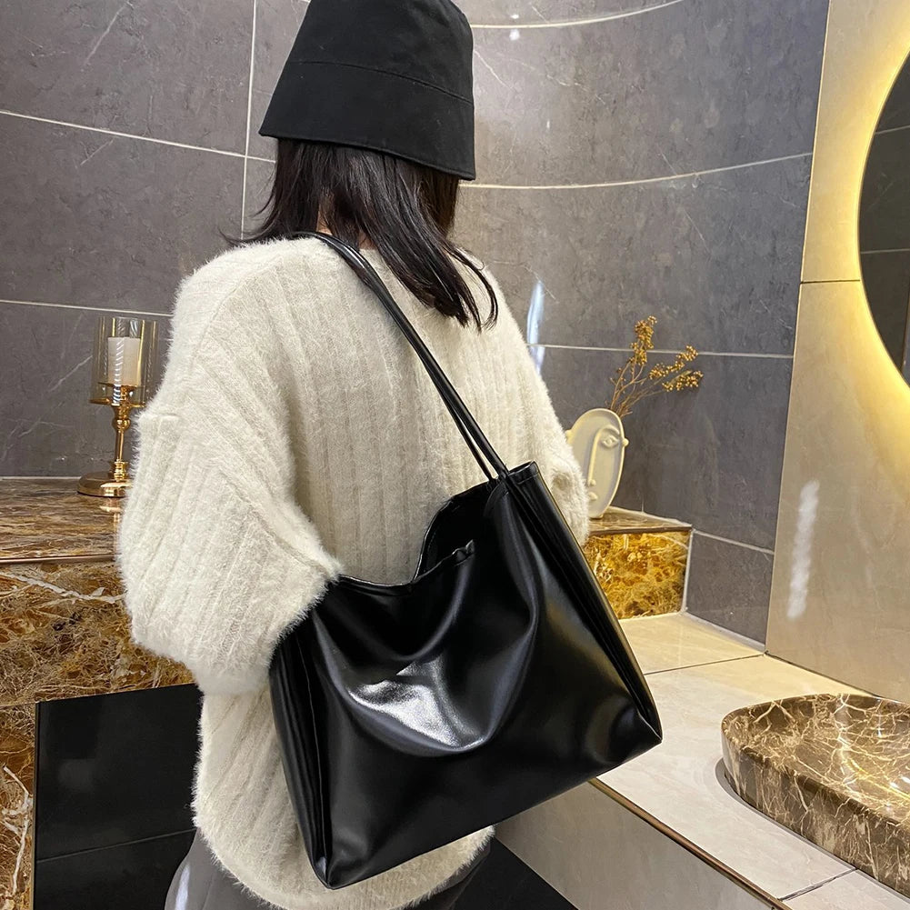 Fashion Tote Bag Female Simple Tote Bag Handbag Temperament Large Capacity PU Shoulder Commuting Bag For Shopping Travel