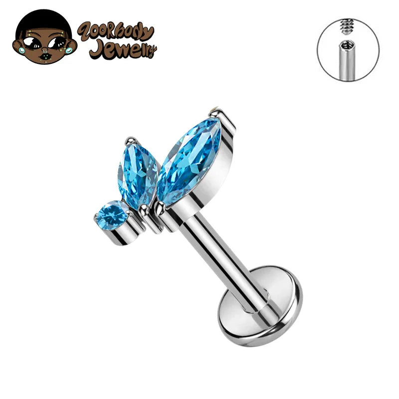 Titanium Triple Marquise CZ Labret Piercing – Internal Thread Lip, Tragus & Helix Jewelry