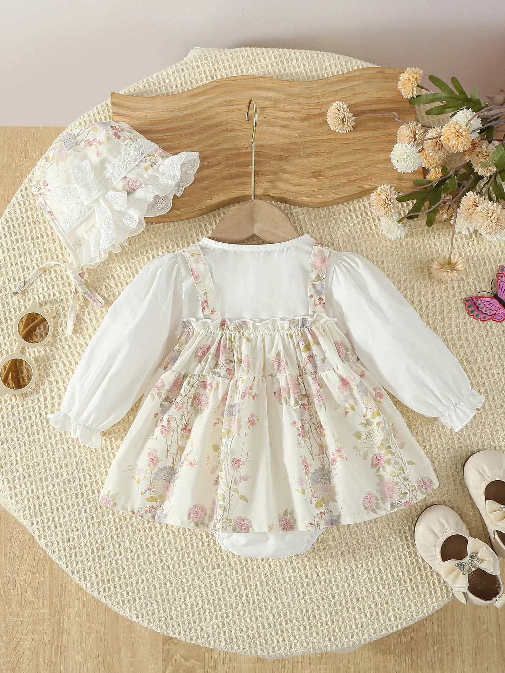 Spring Toddler Romper Clothing 0-2Y New Baby Girls Bodysuit Floral Long Sleeve Dress with Lace Hat Sibling Matching Outfits