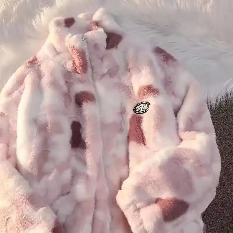 Women’s Tie-Dye Fleece Jacket – Plush Zip-Up Coat for Autumn & Winter