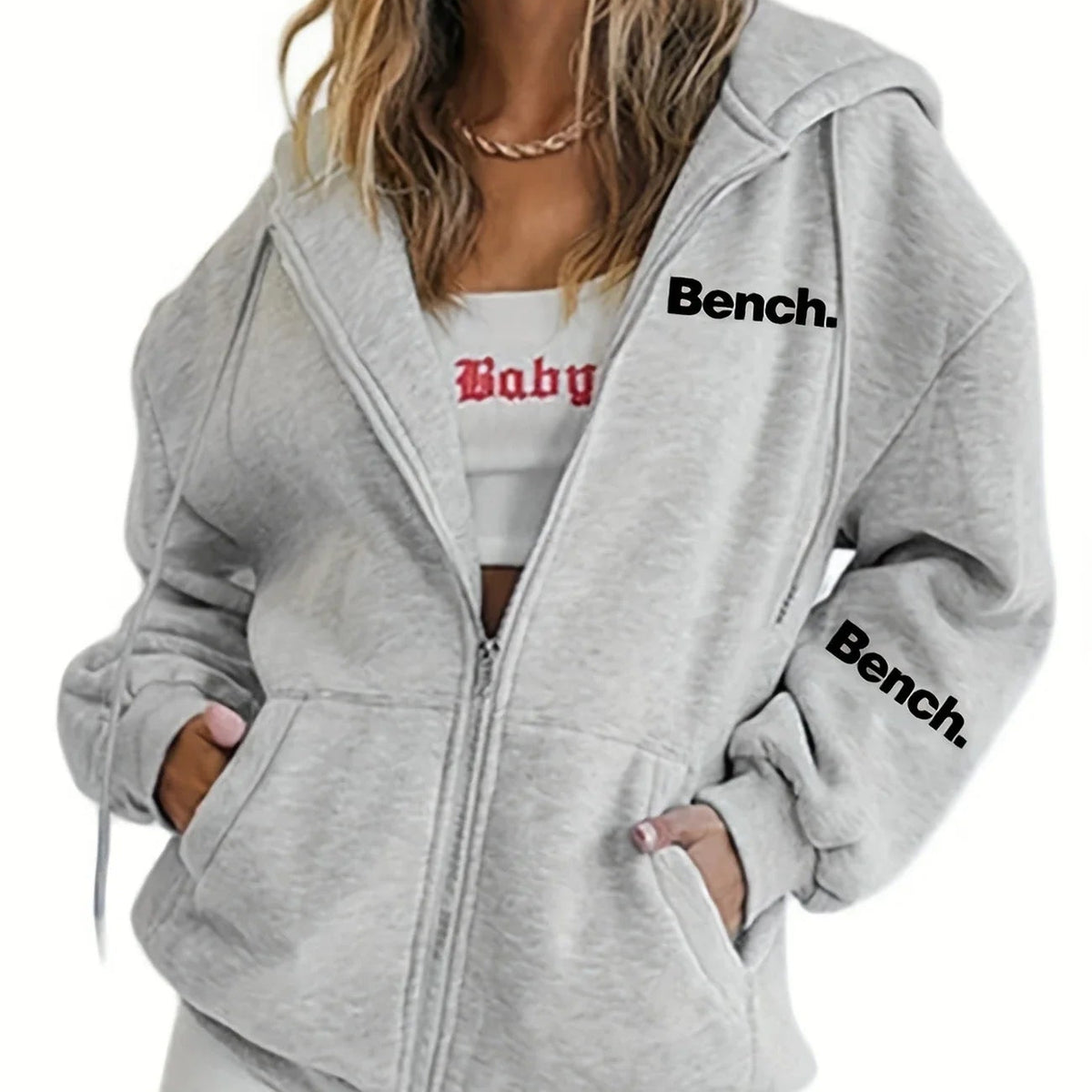 Women's Grey Zip-Up Hoodie – Y2K Casual Jacket with Pockets, Long Sleeve Sweatshirt