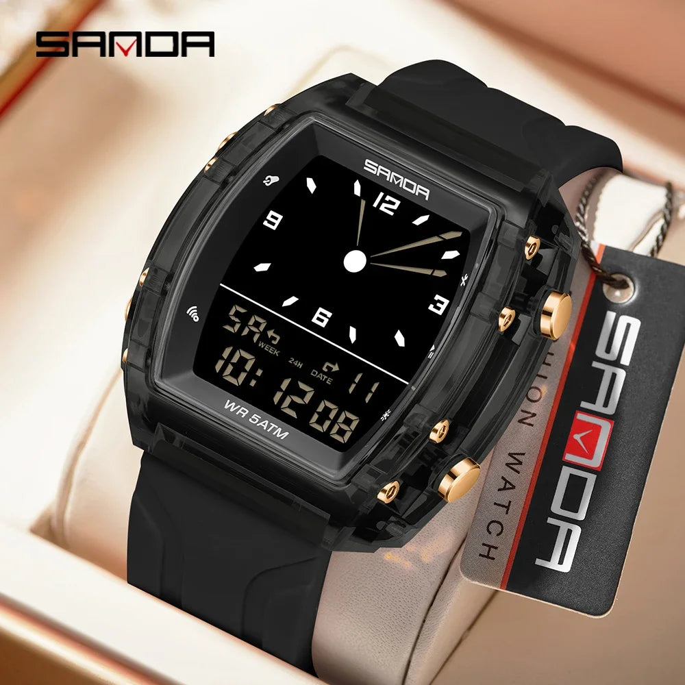SANDA Fashion Electron Analog Watch for Men Women Square Dial Count Down Timer Waterproof Watch LED Luminous Digital 9502