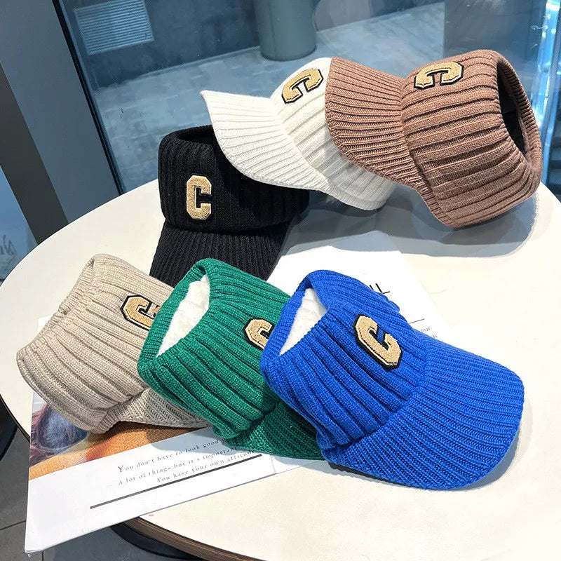 Unisex Knitted Visor Beanie Hat – Striped Winter Cap with Plush Lining
