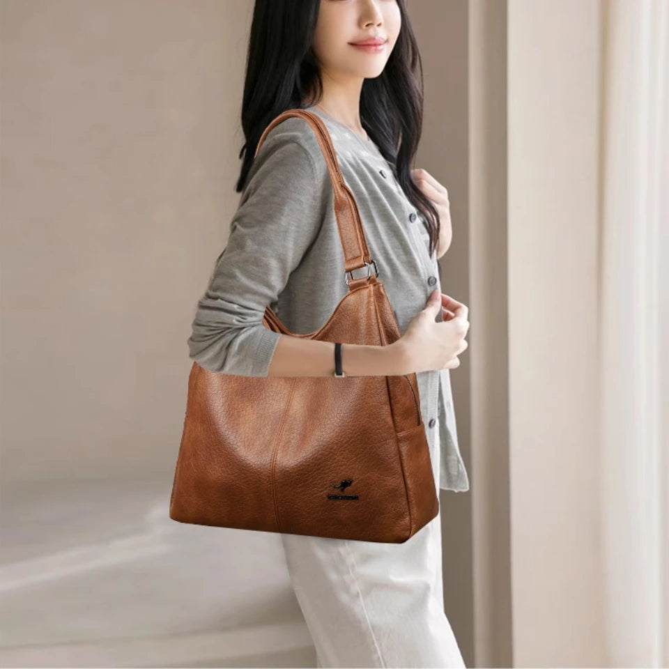 Women's Soft Leather Tote Bag – Luxury Three-Layer Shoulder Handbag