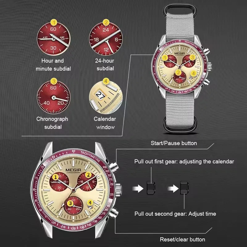 MEGIR 2247 New Luxury Men's Watch Canvas Braided Strap Sport Chronograph Night Light Quartz Waterproof Men's Watch Reloj Hombre