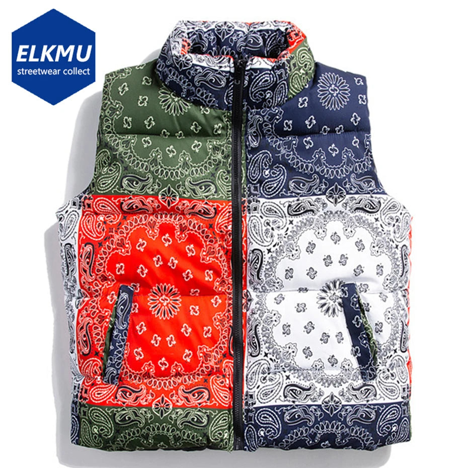 Men's Paisley Bandana Puffer Vest – Thick Warm Padded Sleeveless Jacket, Hip-Hop Streetwear