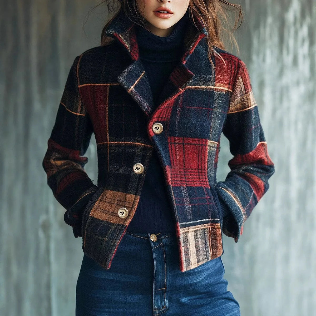Vestes Femmes Plaid Print Women's Suit Collar Retro Warm Jacket Autumn Winter Versatile Spliced Button Suit Ropa Formal Mujer