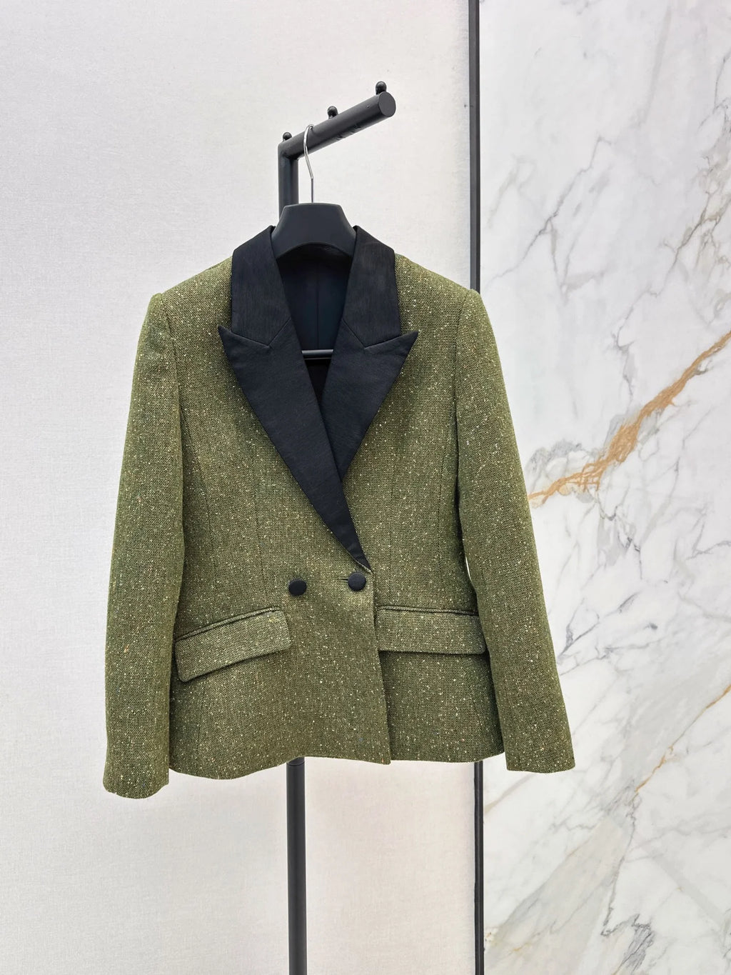 Women’s Polka Dot Tweed Blazer – Contrast Satin Collar Jacket