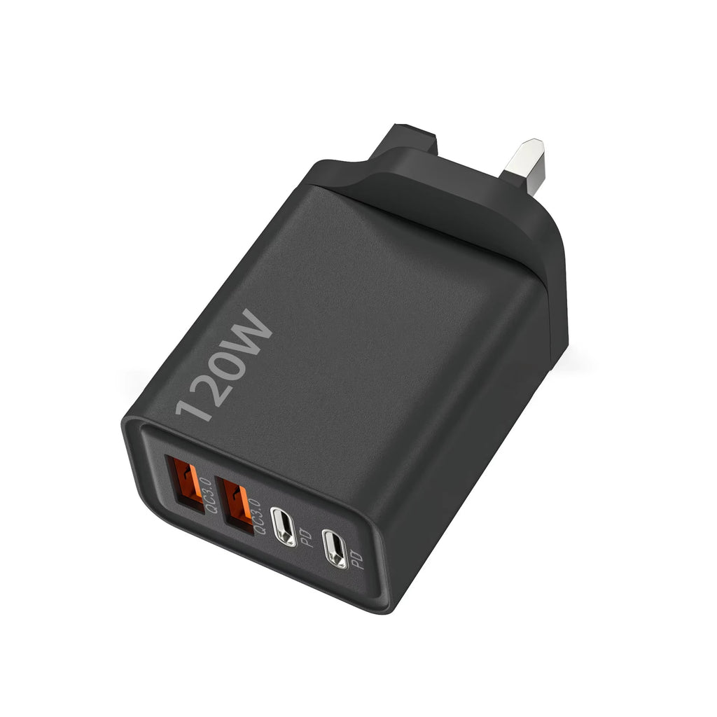 4 Port 120W USB C Fast Charger Station PD QC3.0 Wall Adapter Data Cable For iPhone Samsung Xiaomi Huawei EU US UK Plug Travel