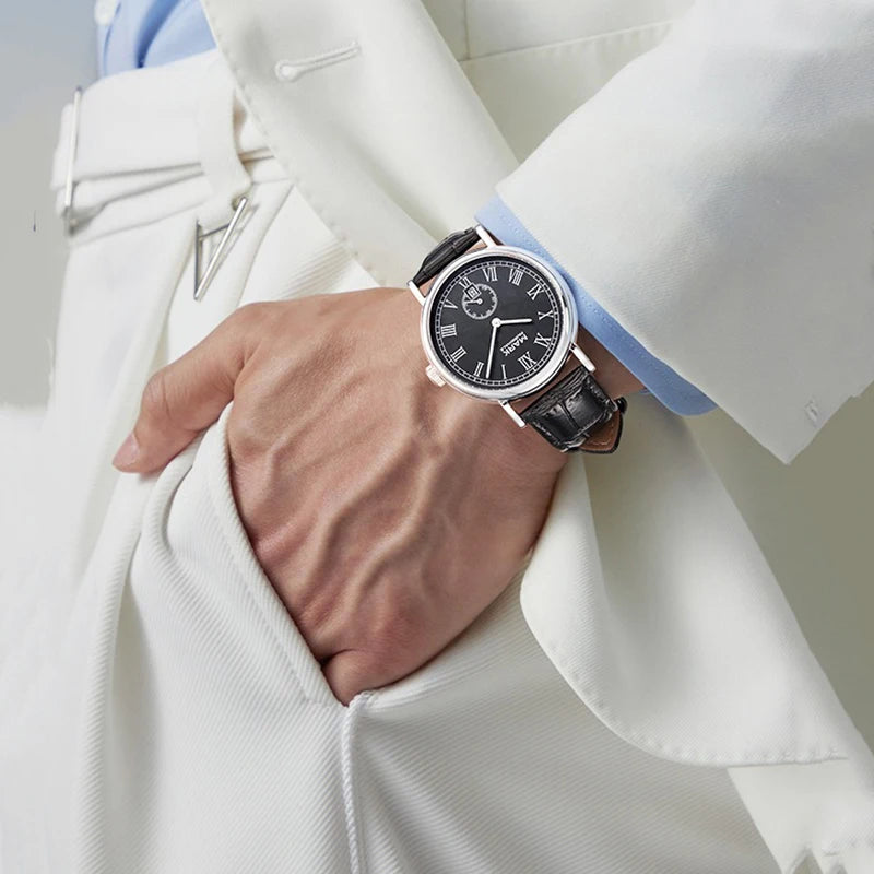 Men's Automatic Mechanical Watch with Date Display Stainless Steel Case Genuine Leather Strap Transparent Case Back 40mm  Dial