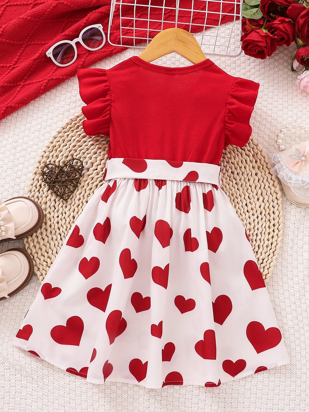 Summer Cute Red Love Princess Children's Short sleeved Dress Casual Party Clothing