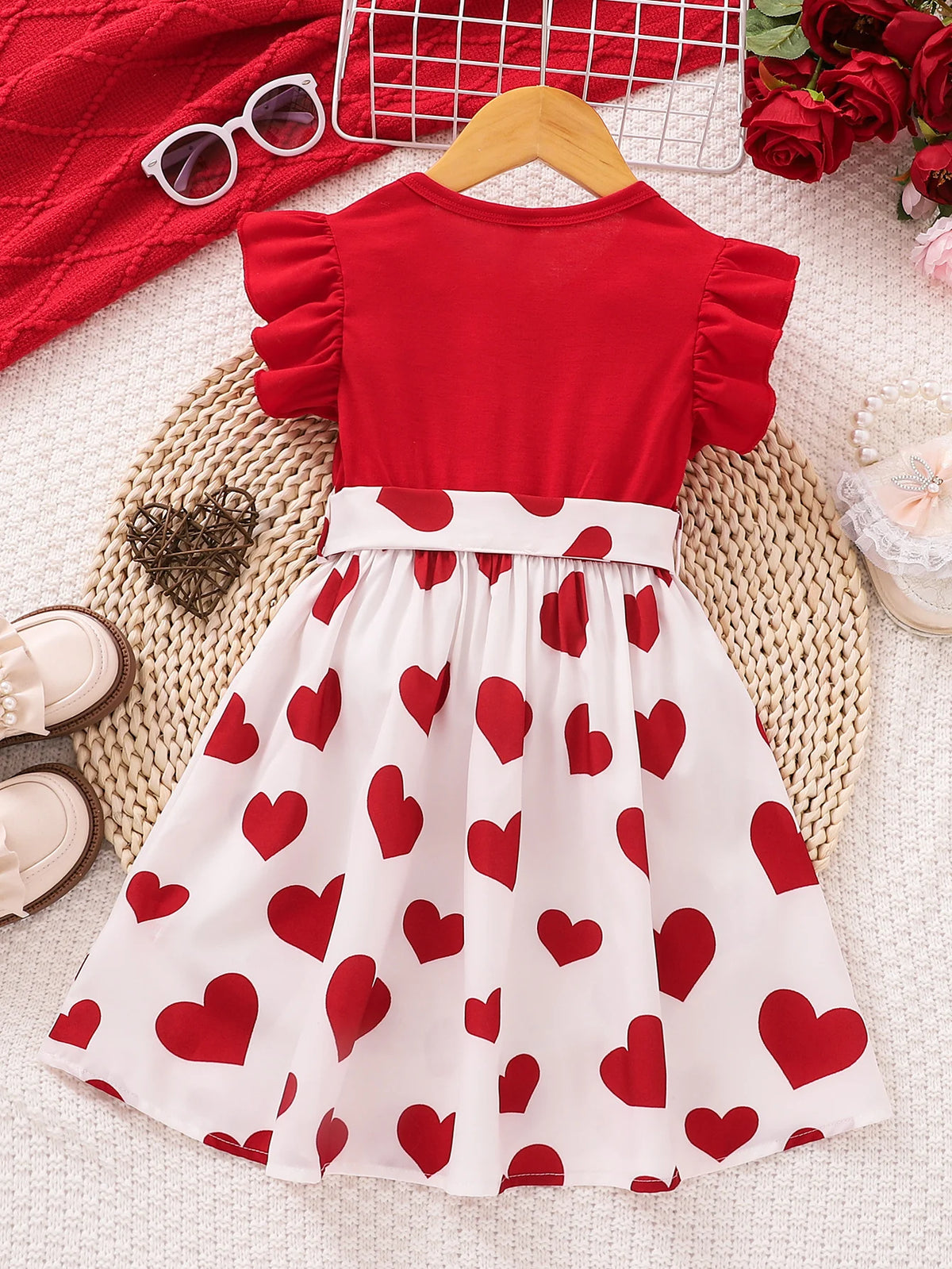 Summer Cute Red Love Princess Children's Short sleeved Dress Casual Party Clothing