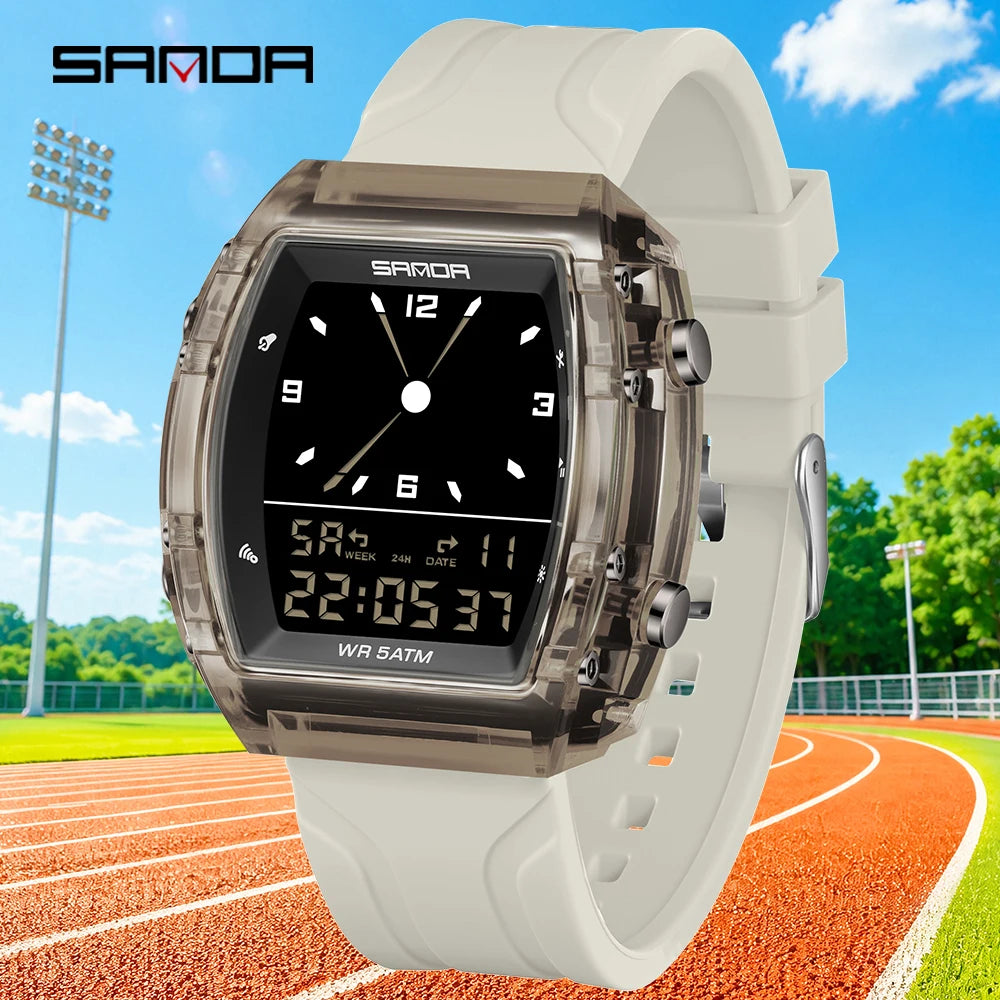 SANDA Fashion Electron Analog Watch for Men Women Square Dial Count Down Timer Waterproof Watch LED Luminous Digital 9502