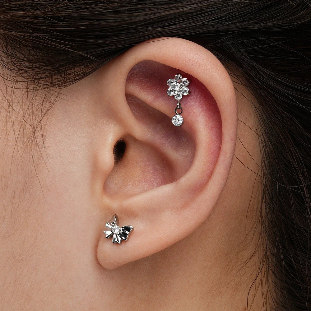 16G Titanium Flower CZ Drop Labret – Dangle Flat Back Piercing Earring