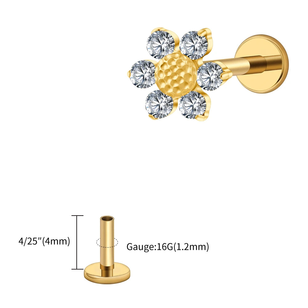 16G Titanium Sunflower Labret Stud – Mini CZ Flower Cartilage Piercing
